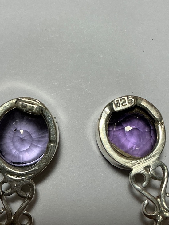 Sterling Silver Dangle Earrings with an Amethyst color stone. 1.5 inches long - Picture 7 of 7